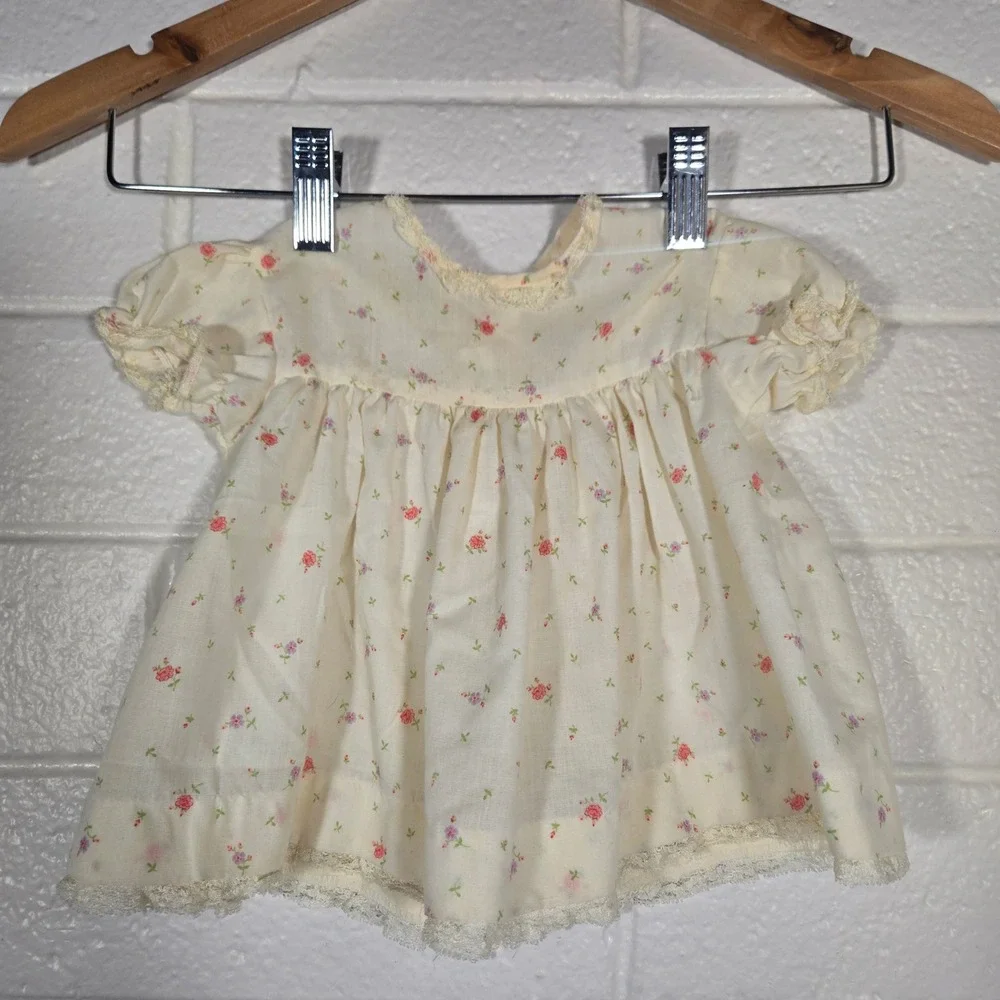 Vtg Floral Baby Dress 6-9M Cream Lace Trim USA Retro Easter‎ Church Spring